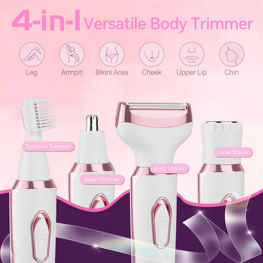 4-in-1 Electric Shaver for Women – USB Rechargeable Hair Removal Kit | Painless Legs Armpits Bikini Trimmer for Sensitive Skin New Arrival