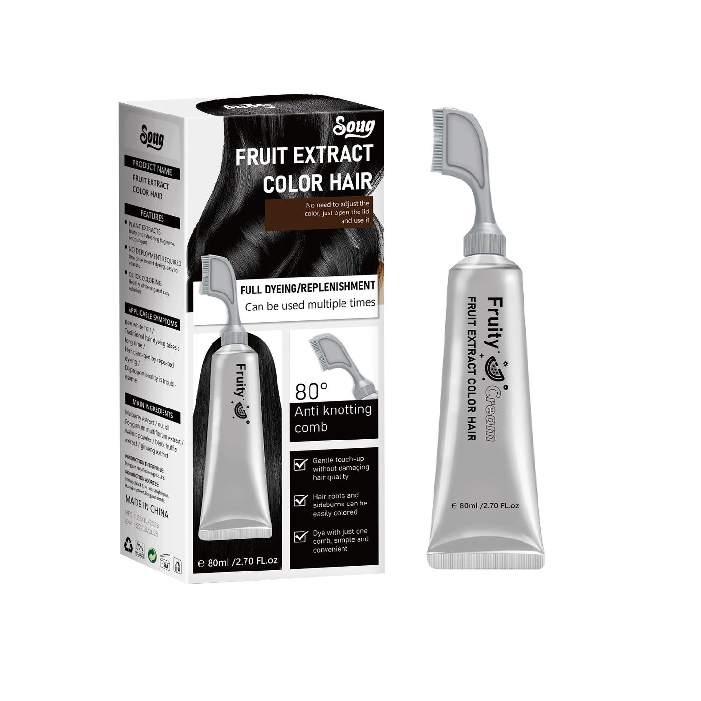 SOUG Botanical Hair Dye Comb – Instant Black 15-Minute Gray Coverage | Ammonia-Free Plant-Based Hair Color Cream with Applicator
