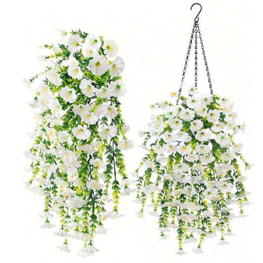 2PCS Eucalyptus & Morning Glory Hanging Vines – Lifelike Silk Flower Wall Decor | UV-Resistant Artificial Plants for Outdoor Porch Garden Wedding