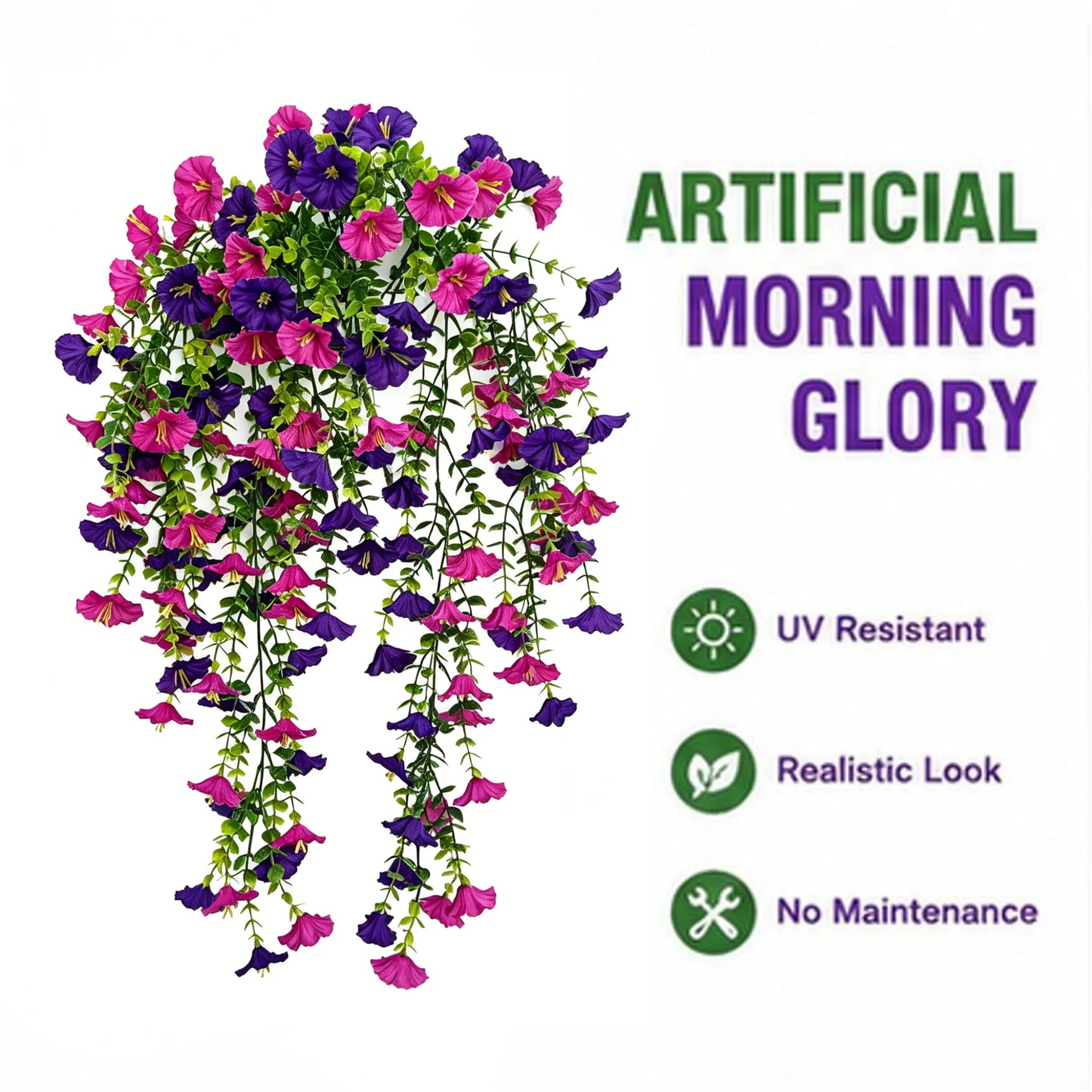 2PCS Eucalyptus & Morning Glory Hanging Vines – Lifelike Silk Flower Wall Decor | UV-Resistant Artificial Plants for Outdoor Porch Garden Wedding