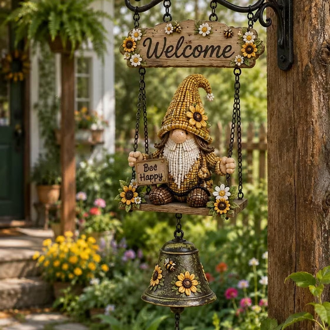 Gnome Welcome Bell – Outdoor Hanging Garden Decor | Rustic Porch Ornament with Chime for Yard Patio Entryway New Arrival
