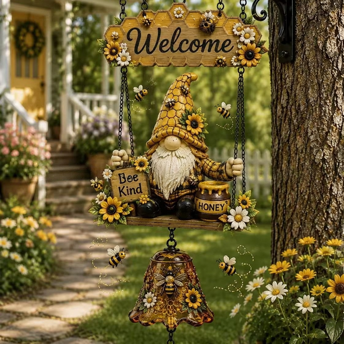 Gnome Welcome Bell – Outdoor Hanging Garden Decor | Rustic Porch Ornament with Chime for Yard Patio Entryway New Arrival